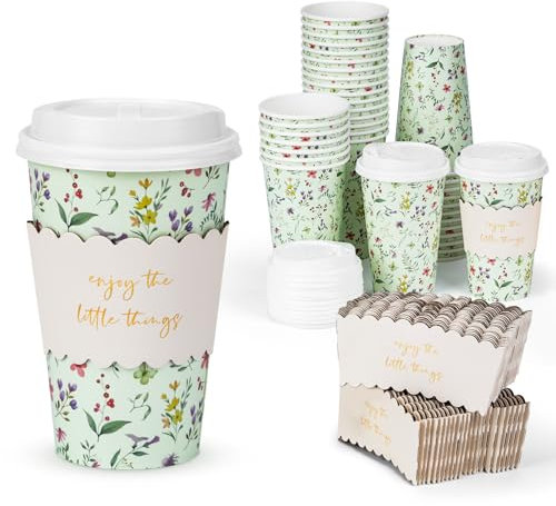 YULLOT To Go Coffee Cups with Lids & Sleeves – Spring Floral Mint Green 50 Pack 16oz Premium Disposable Paper Cups, Weddings, Baby Showers, Birthday Parties, Brunch, Cafés