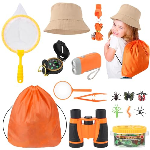 Ensemble Explorateur Extérieur Jouets, 17 Kit Exploration Enfant, Kit Exploration, Kit Aventurier Enfant avec Jumelles, Attrape-Insectes, Boussole, Explorateur Extérieur Jouets pour Garçons Filles