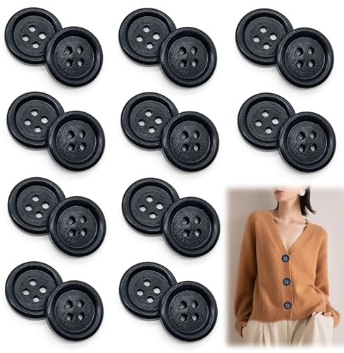 DHER 20 st träknoppar runda knappar vackra träknappar 4 hål runda knappar, skjorta kläder kappa träknappar sömnad tillbehör (svart, 20 mm)