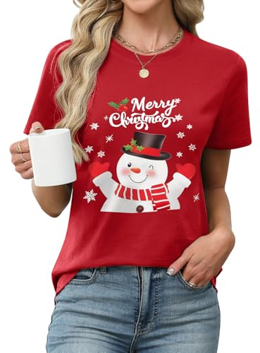 heekpek Camisetas Manga Corta Mujer de Navidad Básica Tshirt | T-shirt Mujer, Camiseta Algodón, Camisetas de Mujer, Cuello Redondo, Casual, Roja, Verde, Estampado