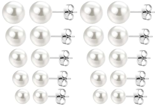 10 Pairs Pearl Earrings For Women Classic Pearl Stud Earrings For Women In 5 Sizes Set Small Elegant Pearls Earring Studs 3/4/5/6/7mm For Various Outfits And Occasions Birthday Gifts for Women