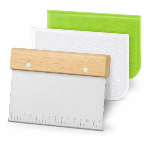 Qtuie Dough Card Set, 3 Pieces Stainless Steel Dough Cutter, Plastic Dough Scraper Card Cake Card, Dough Cutter for Cakes, Pizza, Bread Cutting, Kitchen Supplies