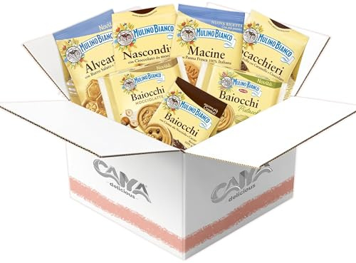 Box Prima Colazione, Set Assortito di 7 Confezioni di Biscotti, Ripieni Baiocchi al Cacao e Nocciole, Nocciolatte, Pistacchio e Frollini Alveari, Nascondini, Macine, Scacchieri per mulino bianco 7PZ