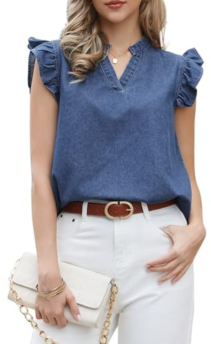 Allegra K Débardeur en Jean Femme avec Manches à Volants Col en V Blouse Décontractée en Denim