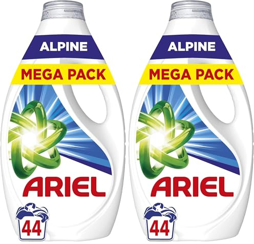 Ariel Lessive Liquide Alpine, 44 Lavages, Action Détachante en Un Seul Lavage, Fraîcheur Alpine Longue Durée, Formule Concentrée, Pré-traitement des Taches Efficace, Fabriqué en France (Lot de 2)