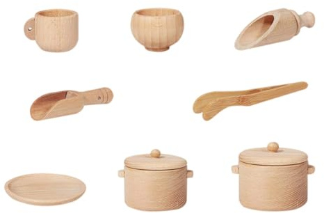 BCOATH Ensemble 8 Pièces D’Ustensiles Cuisine en Bois Naturel de Vaisselle en Bois Outils Sensoriels Vaisselle Mini-Ustensiles Cuisine pour Éveil et Jeu D’Imitation Garçon et Filles
