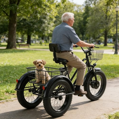 Vélo Cargo Électrique Adulte Trois Roues, Batterie Amovible 48V/12Ah, Charge Max 200kg, Pneus Larges 20, Autonomie 35km, pour Courses & Pique-Niques