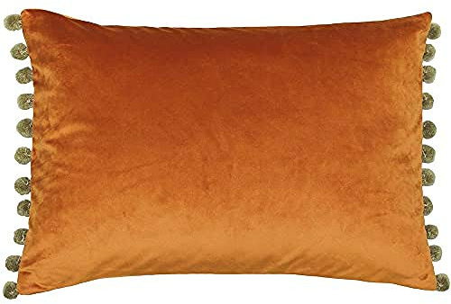 Paoletti Riva Fiesta Rectangular Cojín - Rust Orange - Verde De Color Caqui Pompom Bordes - Faux Velvet - Reversible - Cierre De Cremallera - 100% Polyester - 35 X 50Cm (14 X 20 Pulgadas)