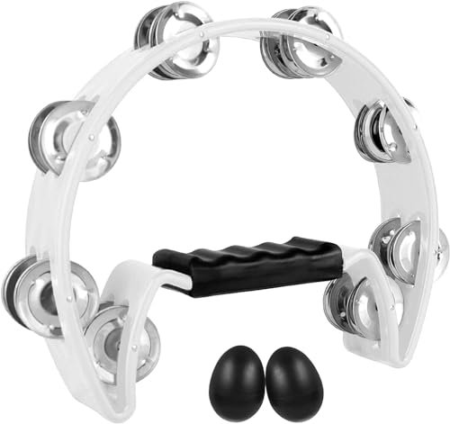 EASTROCK Tambourine Half Moon Tamburin,Hand Halbmondförmiges Schellenring mit 16 verchromte Schellen für Anfänger,Student.Schlaginstrument Musik Zweireihige Metall Jingles für KTV Party(Single,Weiß)