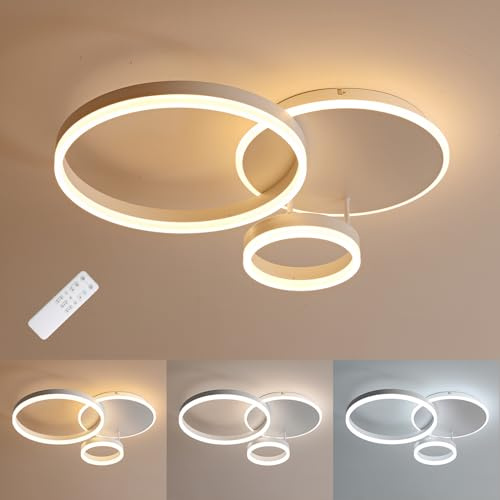 MOUNM Lampadario Camera da Letto, Plafoniera LED Soffitto Dimmerabile 3000K-6000K in Alluminio, 54W 5400lm, per Camera da Letto, Soggiorno, Salone, con Telecomando, Tre cerchi