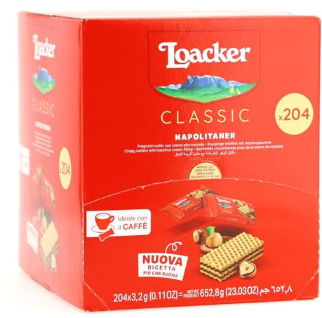 Loacker, Classic Napolitaner, Wafer Fragranti Farciti con 2 Strati di Crema di Nocciole 100% Italiane, Snack Monoporzione Ideali per Bar e Caffetterie, Confezione Convenienza da 204 Pezzi