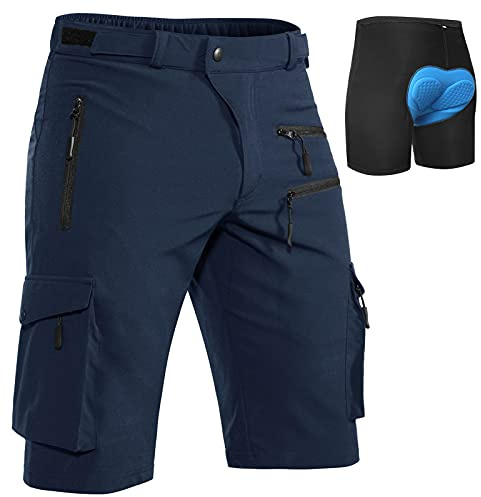 Hiauspor MTB-Hose-Herren-Kurz-Radhose-Fahrradhose-Herren Schnelltrocknend Mountainbike Hose Atmungsaktiv Radlerhose Wanderhose Cargo Trekking Bermuda für Outdoor (Dunkel Marineblau mit Unterwäsche, M)