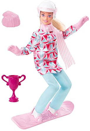 Barbie You Can Be Anything Serie, Snowboarder, 1x Puppe mit blonden Haaren, rosa Snowboard, Helm, Wintermantel, Accessoires, Geschenk für Kinder, Spielzeug ab 3 Jahre,HCN32