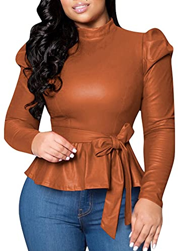 SEMATOMALA Women's Faux Leather Puff Sleeve Self Tie Waist Peplum Top PU Pleather Mock Neck Slim Fit Ruffle Knot Blouse Shirt BR-2XL Brown