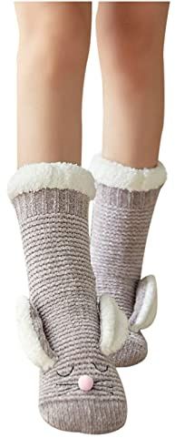 waitFOR Women’s Socks Rabbit Ears Ladies Extra Soft Non Slip Womens New Girls Slipper Bed Funny Novlety for Daily Wear Thick Running Women, Gray, One Size