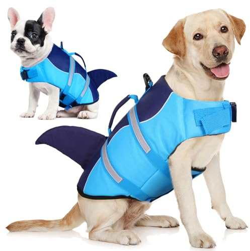 AOFITEE Dog Life Jacket, Dog Life Vest for Swimming, High Flotation Large Dogs Swim Vest with Rescue Handle and Reflective Stripe, Dogs Lifesaver Swimsuit for Boating Summer Pool Beach, Blue Shark XL