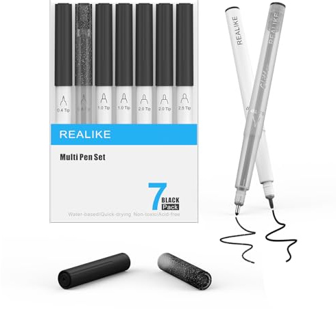 REALIKE Schwarze Stifte für Cricut Maker 3/Maker/Explore 3/Air 2/Air Kalligraphie Glitter Gel Stil 7 StiftVariety Spitzen Größe 0.4 Fine Point Tip 1.0/2.0/2.5 für Zeichnung
