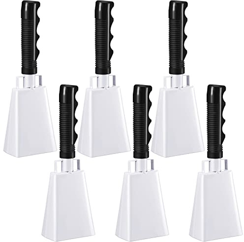 6 Pcs 10 Inch Cowbell with Handle Cheering Bell for Sports Events Large Noise Makers Cow bells Loud Cowbell Bulk for Football Games Party Chimes Percussion Musical Instruments(White)
