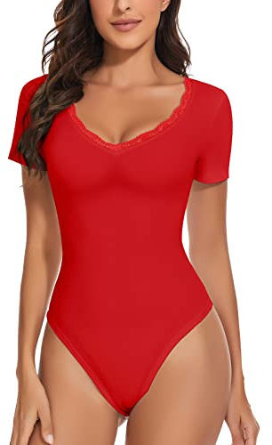 WOWENY Body pour femme, haut élégant à manches courtes et col en V en dentelle, sexy et décontracté | Body sexy pour femme, pour fête, festival, doux et confortable