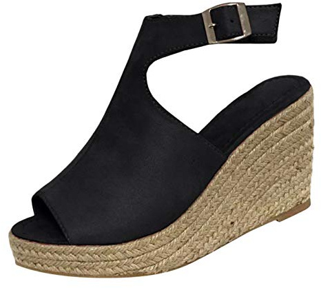 Women's Summer Peep Toe Open Sandals Boots High Heels Faux Leather Stiletto Sandals Platform Shoes with Wedge Heel, Fish Mouth, Non-Slip Suede, Ankle Strap Roman Sandals, black, 6