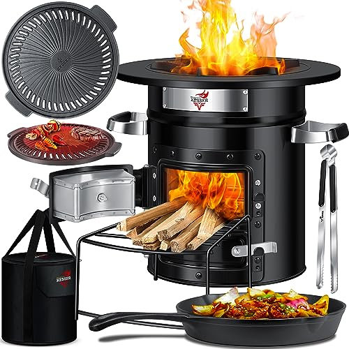 KESSER® Raketenofen inkl. Grillpfanne aus Gusseisen, Grillplatte, Grillzange & Tragetasche | Dutch Oven BBQ Rakete Holzofen Camping | Outdoor-Campingkocher Campinggrill Edelstahl Schwarz