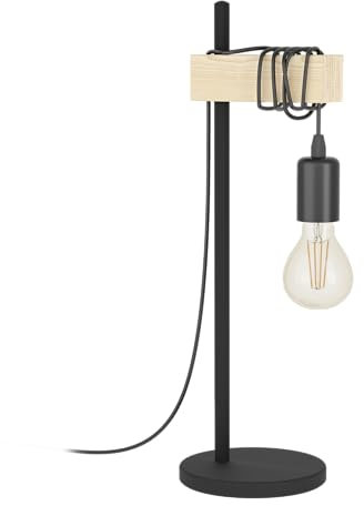 EGLO Lámpara de Mesa Townshend, lámpara Retro Vintage y Industrial, lámpara de mesita de Noche de Acero y Madera, Negro, marrón, Casquillo E27, Incl Interruptor, Certificado FSC