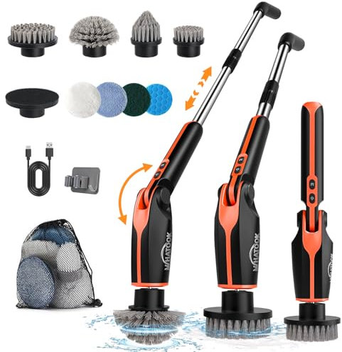 Elektrische Reinigungsbürste，Electric Spin Scrubber schnurlos mit 8 austauschbaren Bohrbürstenköpfen，Skalierbar auf 130cm & 2 Rotationsgeschwindigkeiten für Bad Küche Auto Fußboden，Black