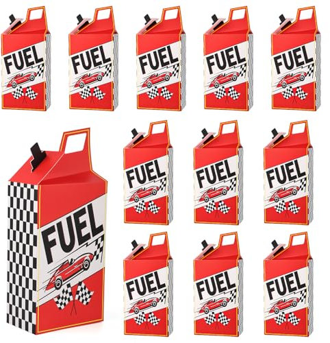 12 pieces race car fuel can handle boxes, paper plaid flag popcorn candy container boxes fuel snack bags boxes race car party treat boxes for race car theme party favor two