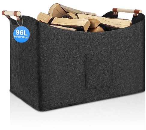 Cestino pieghevole per legna da ardere, 96 l, in feltro extra spesso, per legna da ardere, manico rinforzato, per shopping, legno, giornali o legna da ardere (grigio scuro)