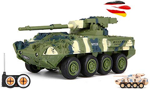 RC ferngesteuerter US M1128 Stryker MGS Panzer-Kampfwagen mit Fernsteuerung und integr. Akku, Hochwertiges und robustes Tank-Fahrzeug, Militär-Spielzeug Modell, Panzerwagen für Kinder und Erwachsene