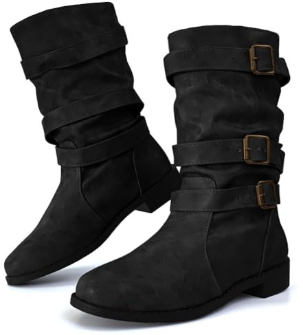 Dernolsea Women's Flat Mid Calf Boots, Pull On Buckle Ladies Pixie Slouch Boots All Black 4 UK
