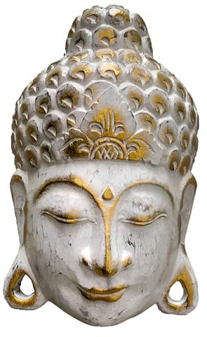 Buddha - Maske White Wash, handgearbeitete Holz-Maske aus Bali, Wandmaske, in 2 Größen, 25 und 35 cm (35 cm)