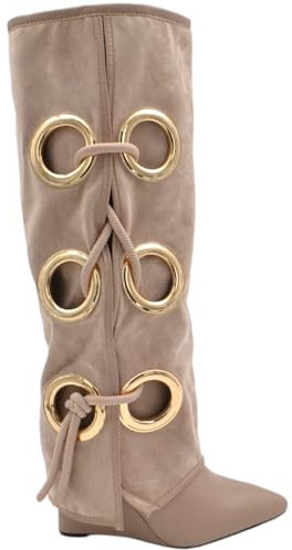 Stivali Donna Alti in camoscio Beige Applicazioni Oro Modello Shark Risvolto Fino a Terra Zeppa 10 cm con Zip (40 EU)
