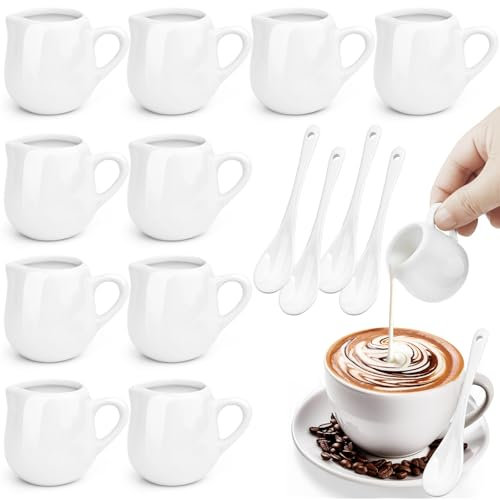 Ferenando 10 Pieza Mini Lechera Porcelana 50ml/1.7oz con Asa & Cucharas, Blanco Jarra Leche Microondas, Jarra para Leche Pequeña para Leche, Café, Mantequilla, Salsas y Siropes, Jarrita Leche