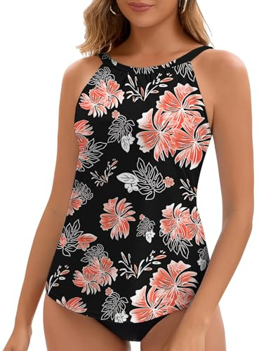 WOWENY High Neck Tankini Tops for Women Halter Flowy Sleeveless Bathing Suits Modest Swimsuit Top No Bottom (Black Flowers, L)