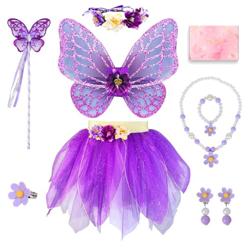 TOSZOLY Costume da Fata Bambina, Set 8 Pezzi con Ali di Farfalla, Tutu, Corona, Bacchetta Magica e Gioielli, Vestito da Principessa per Halloween, Carnevale, Compleanni, Regalo 3-6 Anni