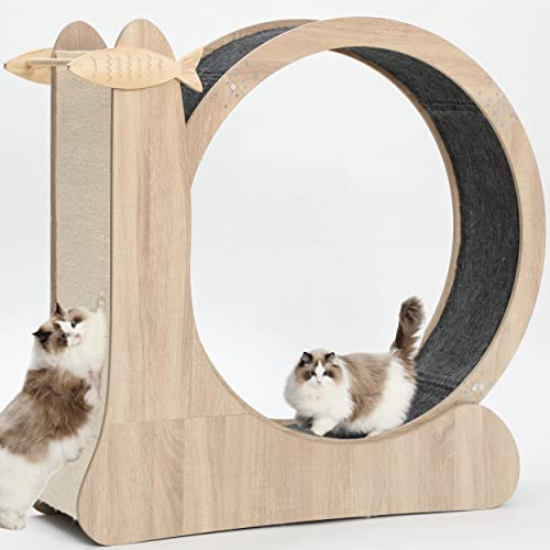 Cat Wheel,4-in-1 Cat Exercise Wheels for Indoor Cats,41.3”H Large Quiet Treadmill Running Wheels for Indoor Cats,Cute cat Furniture with Scratcher,Natural Wood,Pet Toys