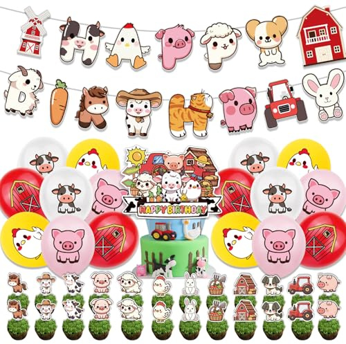 Kit de decoración de animales de granja con motivos de animales de granja, especialmente diseñado para cumpleaños infantiles, incluyendo banderas de papel de feliz cumpleaños, decoración de pasteles y