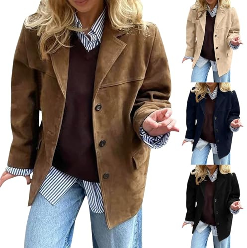 HUIFUAO Vestes en daim pour femme - Blazer en similicuir à manches longues et à revers boutonné - Vestes de costume tendance pour l'automne et l'hiver - Manteaux habillés avec poches