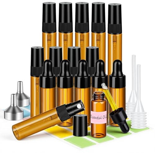 MELLIEX 16 Pezzi Mini Flaconi Spray in Vetro Set,Bottiglie Contagocce Vetro Marrone Riutilizzabile per Laboratorio Olio Essenziale Profumi,5/10ml