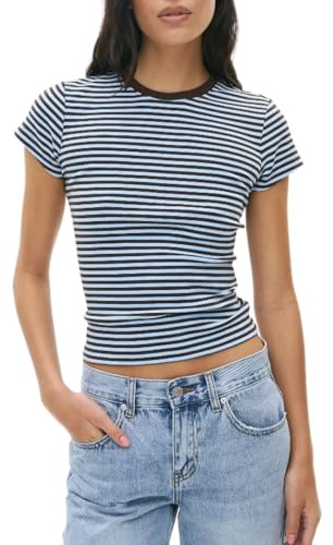 Y2k Baby Tees Crop Tops for Women Short Sleeve Fitted T Shirts Striped Patchwork Basic Cute Crewnecks 90s Going Out (Striped Blue Brown, S)