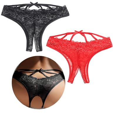 comeondear Tangas Sexy Mujer Abierto Tanga de Encaje Talla Grande Bragas Brasileñas Tanga Abierta Sin Entrepierna Thong Transparente String Ouvert Cintura Baja Divertida Underwear Sexy Negro+Rojo,XL