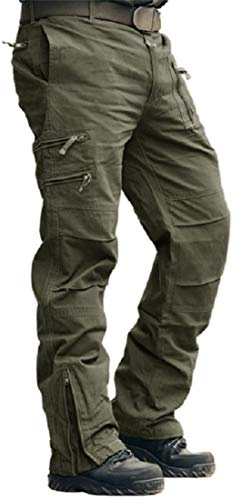 CRYSULLY Men Pants Fall Relaxed-fit Cotton Woodland Army Cargo Trousers Utility Combat Work Pants Green 36