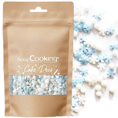SCRAP COOKING - Décors Sucrés Mix Frozen 115 g - Perles & Flocons en Sucre - Mélange Blanc, Bleu - Décoration Pâtisserie, Desserts, Gâteaux, Biscuits, Cupcakes, Anniversaire - Hiver Neige - 7441