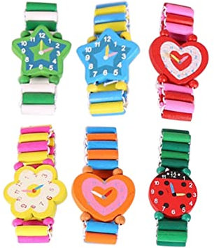 Toyvian Holz Handwerk Cartoon Simulation Armbanduhren Armband Uhr Schreibwaren für Srudents Kinder 6 Stücke (Zufällige Farbe)