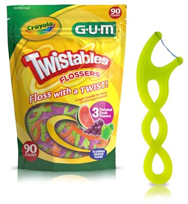 GUM Crayola Twistables Kids Flossers with Fluoride - Designed for Little Hands - Three Fun Fruit Flavors - Easy to Use Kids Floss Picks for Children Ages 3+, 90 Count