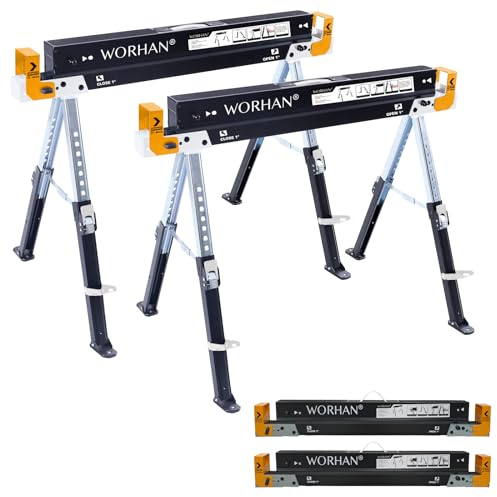 WORHAN Tréteaux Paire Robuste Stable (set de 2) Pieds Antidérapants Ajustables Réglage Rapide Chavalet Sciage Pliants Etablis Acier Galvanisé S600A