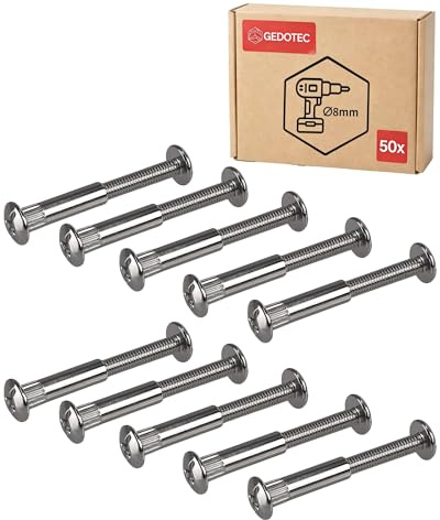 Gedotec möbelskruvar M6 | 50 stycken hylsskruvar | förnicklad förbindelseskruv i stål | trätjocklek 76-86 mm | skåpkontakt korsspår PZ2 och platt blad | möbelkontakter skruvar