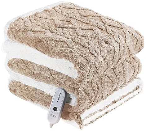 CHIOKY Electric Heated Blanket, 3D Pattern Design, Twin Size Sherpa Super Cozy Heated Blanket with 5 Heating Levels & 10 Hours Auto Off, Beige