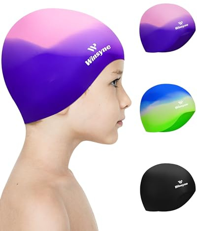 Winsyne 3 Stück Badekappe Kinder Jungen Mädchen, Unisex Schwimmkappe Silikon für Kleinkinder von 3–15 Jahren, wasserdichte Bademütze für Kurzes/Langes Haar um das Haar Trocken zu Halten-Mehrfarbig-02